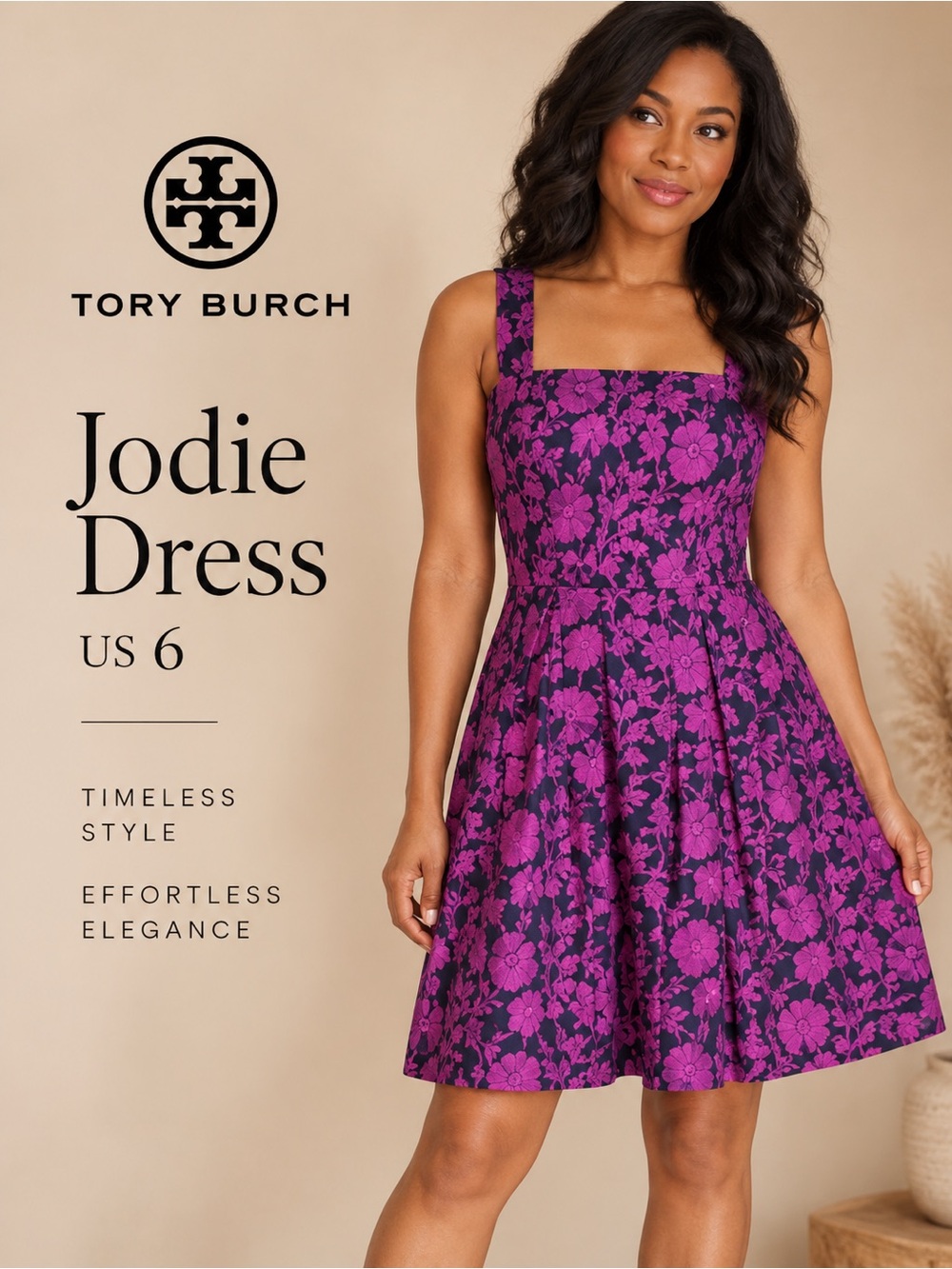 Tory Burch Jodie Floral Linen Cotton Fit & Flare Dress Purple Navy Size 6